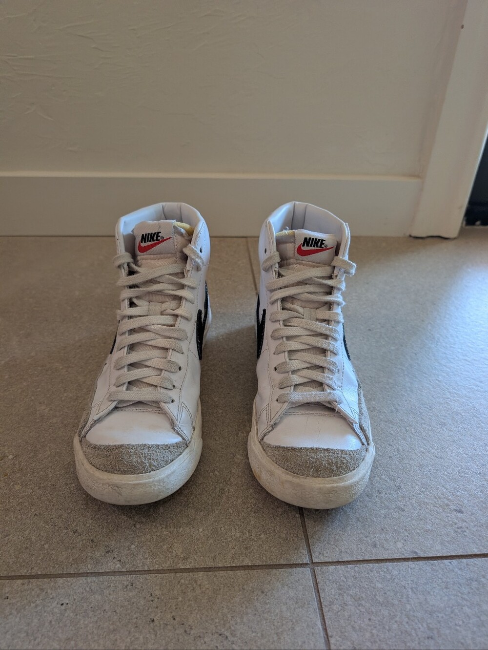 White and Black Mid-Top Sneakers, Women's